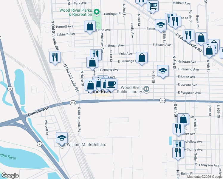 map of restaurants, bars, coffee shops, grocery stores, and more near 22 North 1st Street in Wood River
