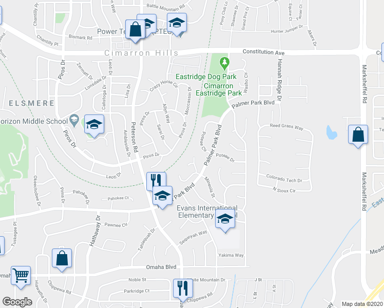 map of restaurants, bars, coffee shops, grocery stores, and more near 2060 Poteae Circle in Colorado Springs