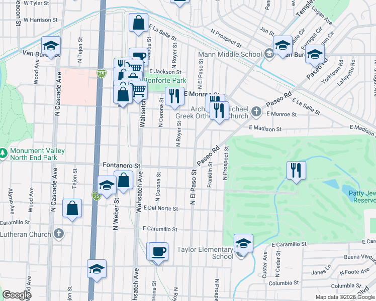 map of restaurants, bars, coffee shops, grocery stores, and more near 616 East Washington Street in Colorado Springs