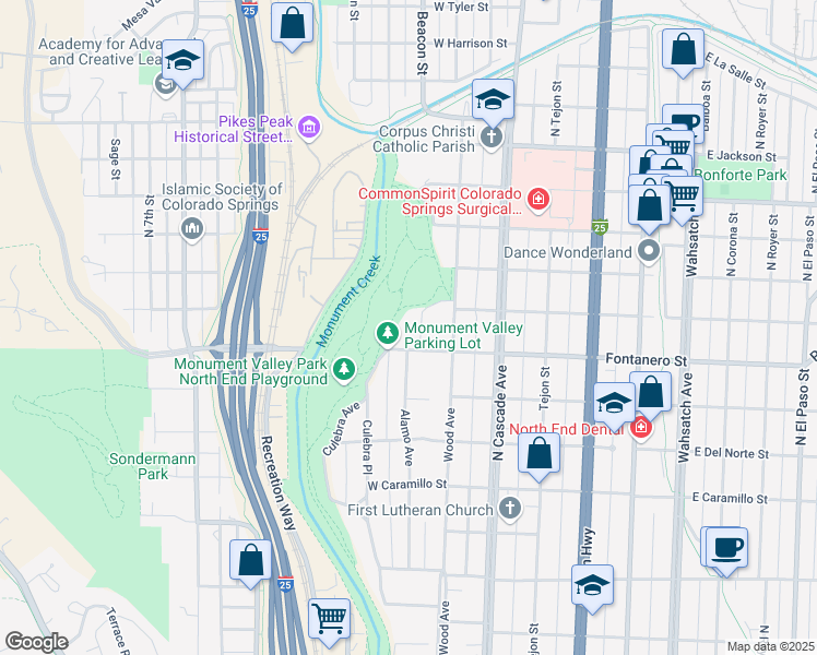 map of restaurants, bars, coffee shops, grocery stores, and more near 1932 El Parque Street in Colorado Springs