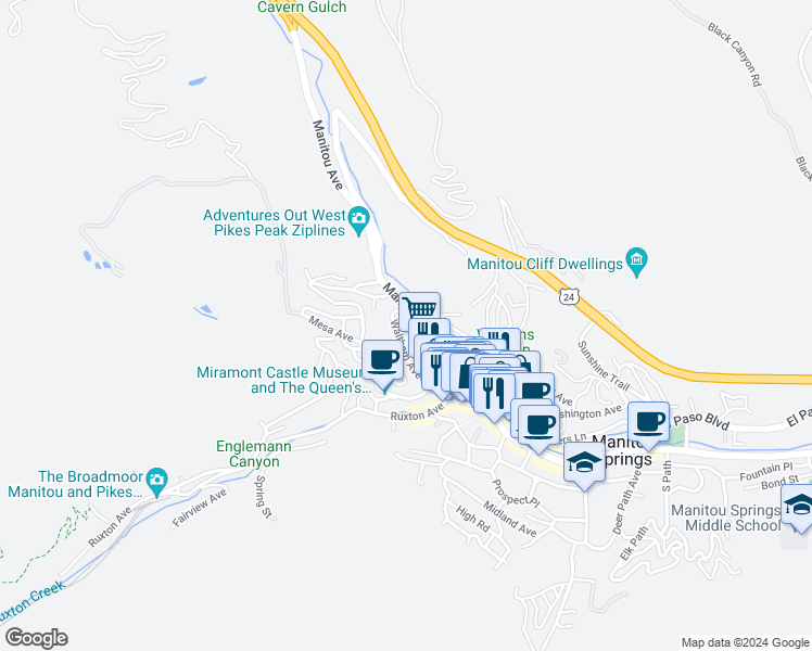 map of restaurants, bars, coffee shops, grocery stores, and more near 1205 Manitou Avenue in Manitou Springs