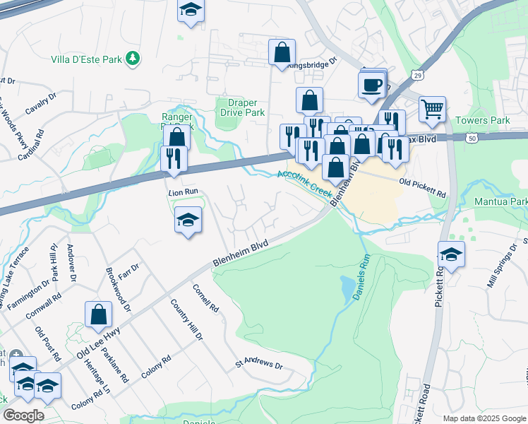 map of restaurants, bars, coffee shops, grocery stores, and more near 9904 Great Oaks Way in Fairfax