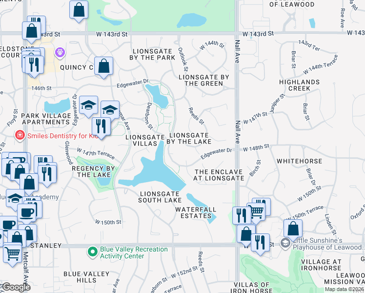 map of restaurants, bars, coffee shops, grocery stores, and more near 5704 West 147th Place in Overland Park