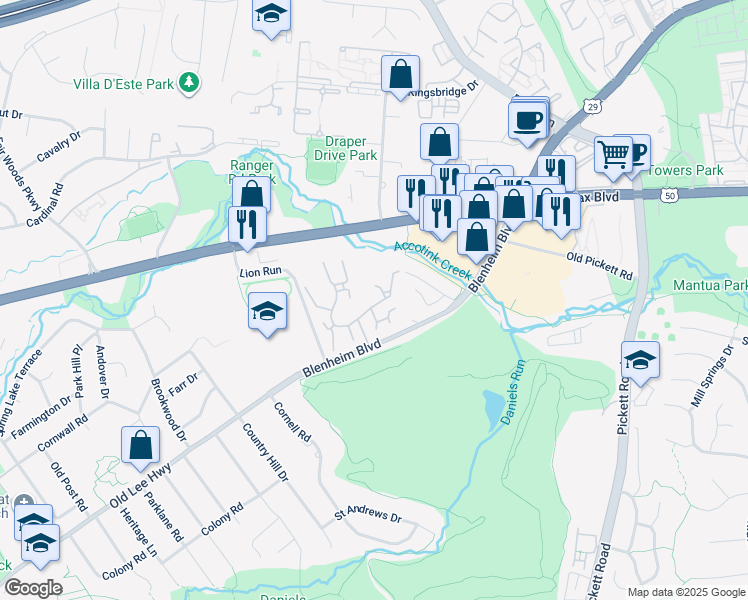 map of restaurants, bars, coffee shops, grocery stores, and more near 9904 Great Oaks Way in Fairfax