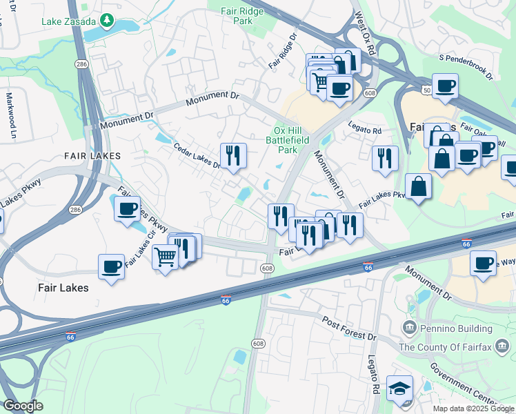map of restaurants, bars, coffee shops, grocery stores, and more near 4215 Mozart Brigade Lane in Fairfax