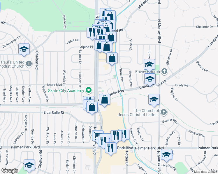 map of restaurants, bars, coffee shops, grocery stores, and more near 3884 Constitution Avenue in Colorado Springs