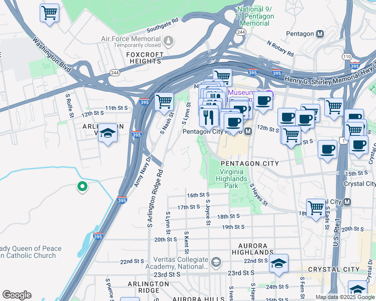 map of restaurants, bars, coffee shops, grocery stores, and more near 1400 South Joyce Street in Arlington