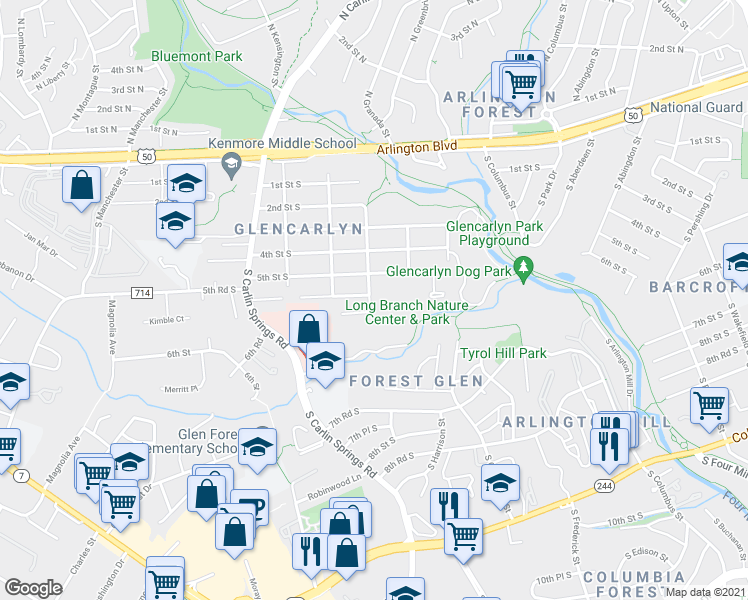 map of restaurants, bars, coffee shops, grocery stores, and more near 523 South Jefferson Street in Arlington