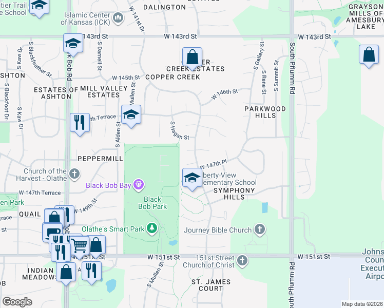 map of restaurants, bars, coffee shops, grocery stores, and more near 14265 West 147th Terrace in Olathe