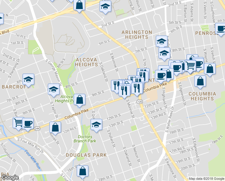 map of restaurants, bars, coffee shops, grocery stores, and more near 3712 9th Street South in Arlington