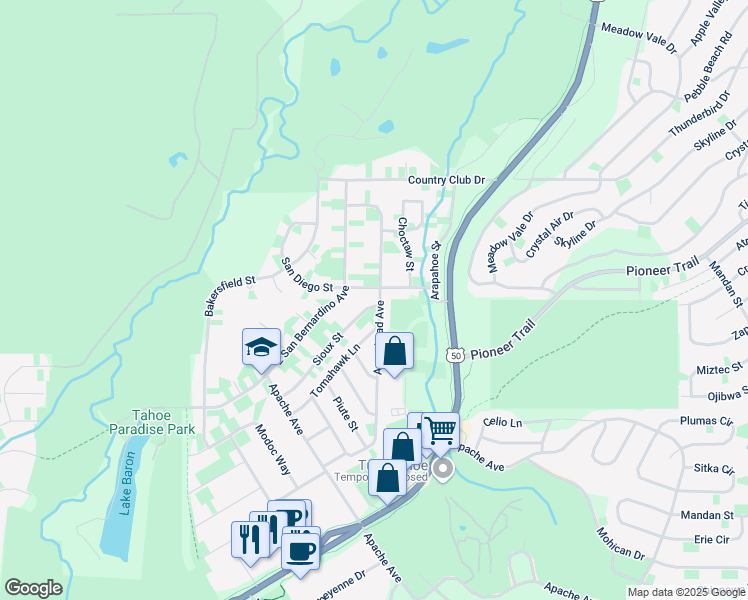 map of restaurants, bars, coffee shops, grocery stores, and more near 1695 Arrowhead Avenue in South Lake Tahoe