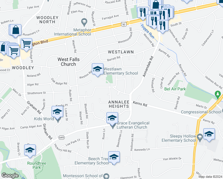 map of restaurants, bars, coffee shops, grocery stores, and more near 3201 Nottage Lane in Falls Church