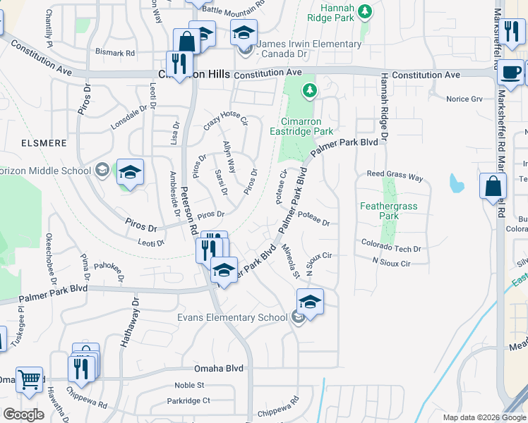 map of restaurants, bars, coffee shops, grocery stores, and more near 1990 Mineola Court in Colorado Springs