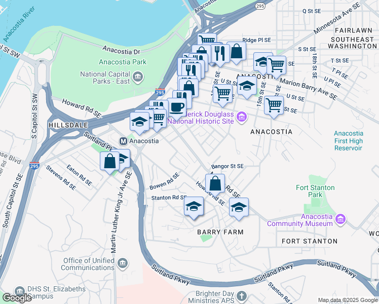 map of restaurants, bars, coffee shops, grocery stores, and more near 1347 Morris Road Southeast in Washington