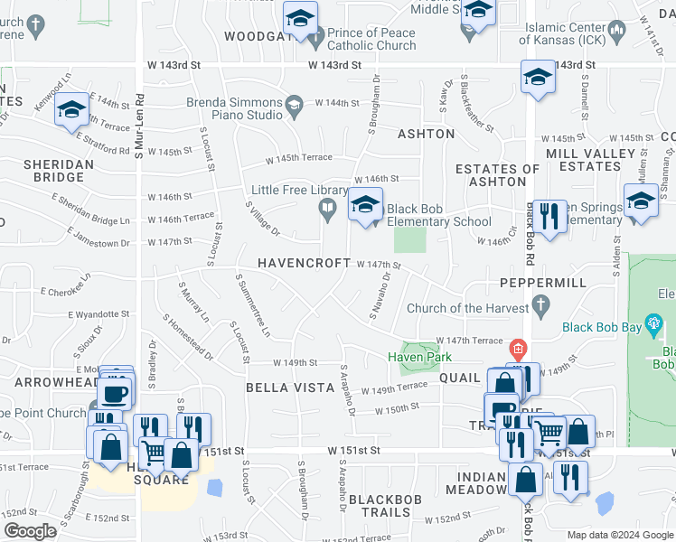 map of restaurants, bars, coffee shops, grocery stores, and more near 14704 South Brougham Drive in Olathe
