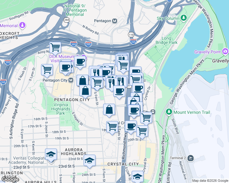 map of restaurants, bars, coffee shops, grocery stores, and more near 1331 S Eads St in Arlington