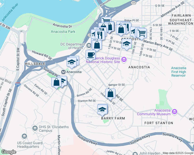 map of restaurants, bars, coffee shops, grocery stores, and more near 1347 Morris Road Southeast in Washington