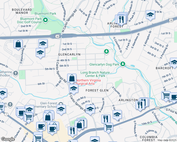 map of restaurants, bars, coffee shops, grocery stores, and more near 523 South Jefferson Street in Arlington