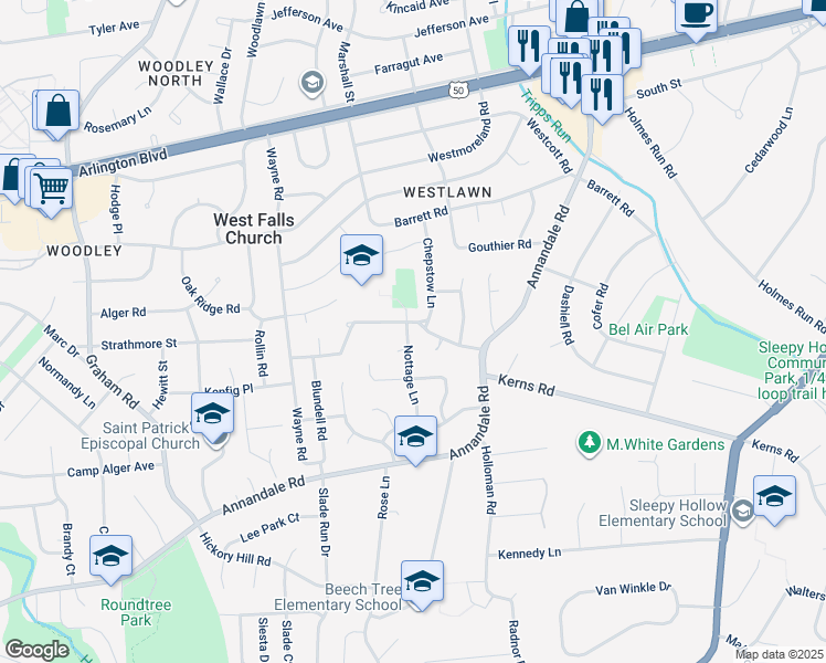 map of restaurants, bars, coffee shops, grocery stores, and more near 3201 Nottage Lane in Falls Church