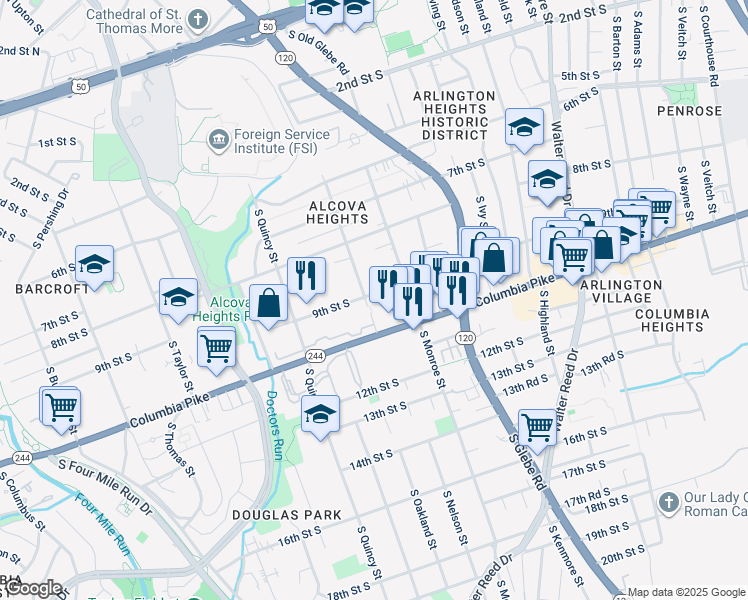 map of restaurants, bars, coffee shops, grocery stores, and more near 3712 9th Street South in Arlington