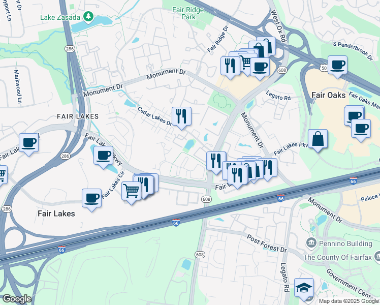 map of restaurants, bars, coffee shops, grocery stores, and more near 4210 Mozart Brigade Lane in Fairfax