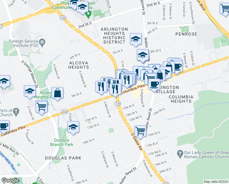 map of restaurants, bars, coffee shops, grocery stores, and more near 3405 Columbia Pike in Arlington