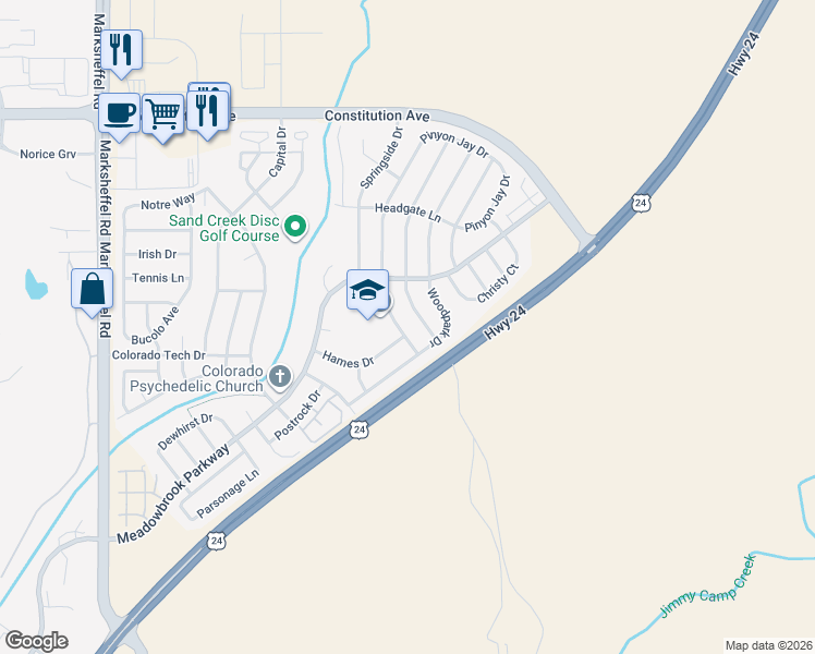 map of restaurants, bars, coffee shops, grocery stores, and more near 1939 Pinyon Jay Drive in Colorado Springs