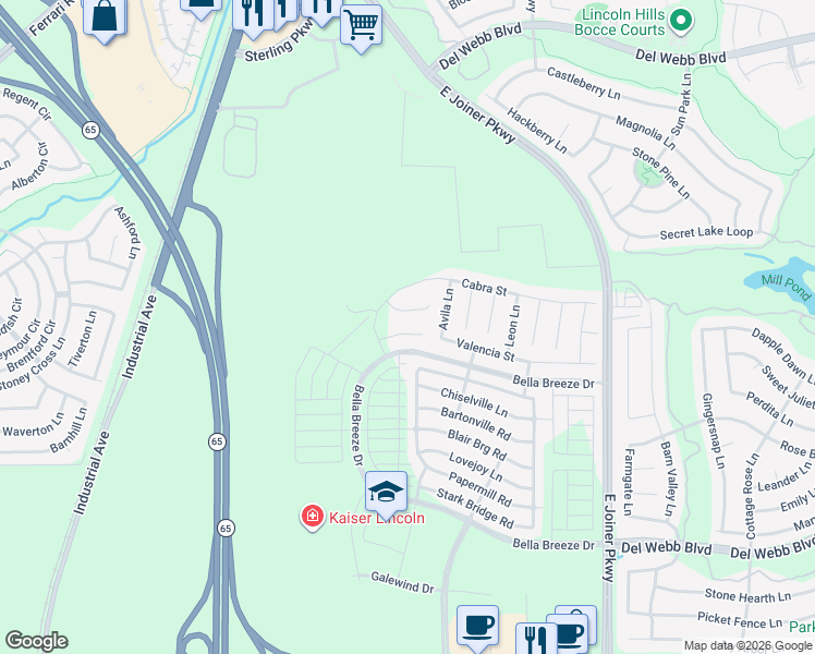 map of restaurants, bars, coffee shops, grocery stores, and more near 109 Tortosa Court in Lincoln