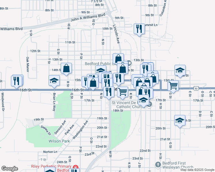 map of restaurants, bars, coffee shops, grocery stores, and more near 1224 15th Street in Bedford