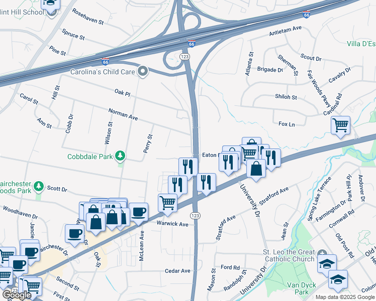 map of restaurants, bars, coffee shops, grocery stores, and more near 10501 Cobbs Grove Lane in Fairfax