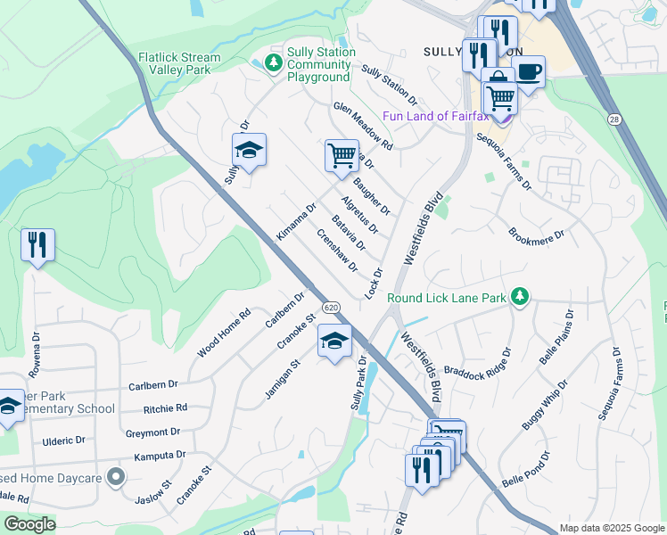 map of restaurants, bars, coffee shops, grocery stores, and more near 14700 Lock Drive in Centreville