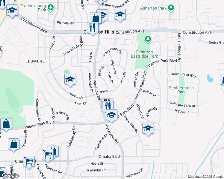map of restaurants, bars, coffee shops, grocery stores, and more near 2520 Piros Drive in Colorado Springs