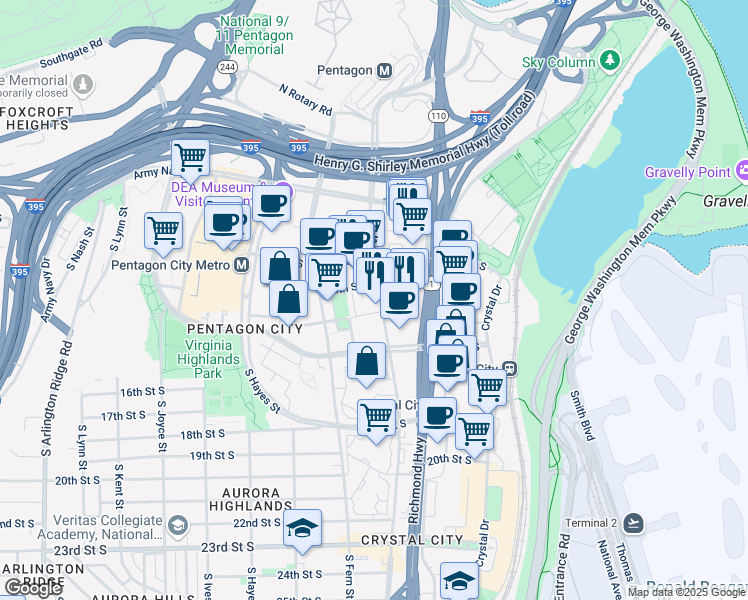 map of restaurants, bars, coffee shops, grocery stores, and more near 1350 South Eads Street in Arlington