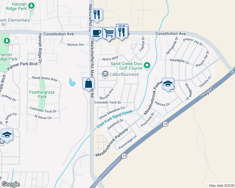 map of restaurants, bars, coffee shops, grocery stores, and more near 1876 Capital Drive in Colorado Springs