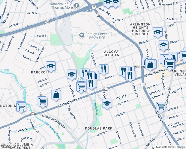 map of restaurants, bars, coffee shops, grocery stores, and more near 816 South Quincy Street in Arlington
