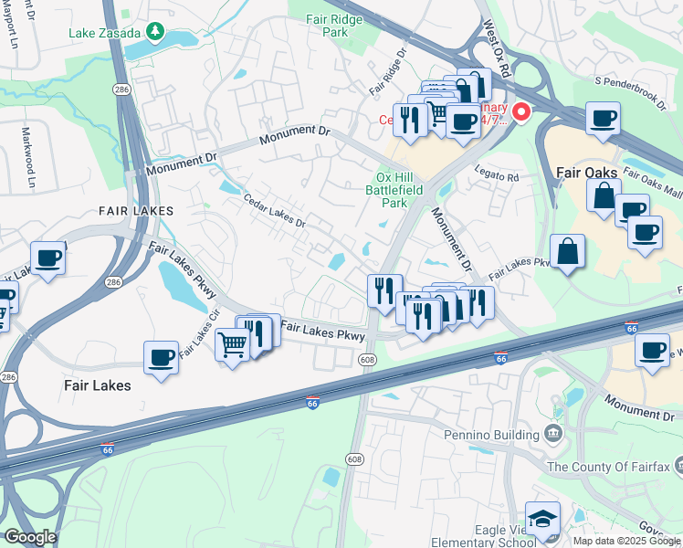map of restaurants, bars, coffee shops, grocery stores, and more near 4210 Mozart Brigade Lane in Fairfax