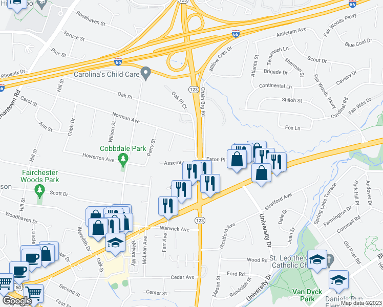 map of restaurants, bars, coffee shops, grocery stores, and more near 10501 Cobbs Grove Lane in Fairfax