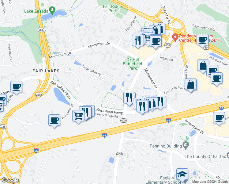 map of restaurants, bars, coffee shops, grocery stores, and more near 4210 Mozart Brigade Lane in Fairfax
