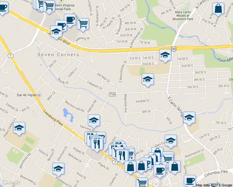 map of restaurants, bars, coffee shops, grocery stores, and more near Glen Carlyn Rd & S Manchester St in Seven Corners