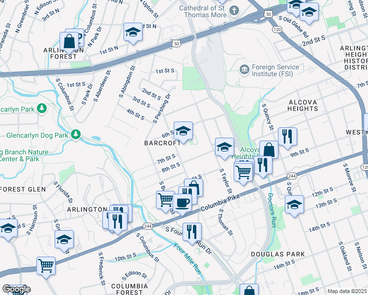 map of restaurants, bars, coffee shops, grocery stores, and more near 625 South Wakefield Street in Arlington