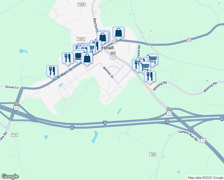 map of restaurants, bars, coffee shops, grocery stores, and more near 8580 Pellam Court in Marshall