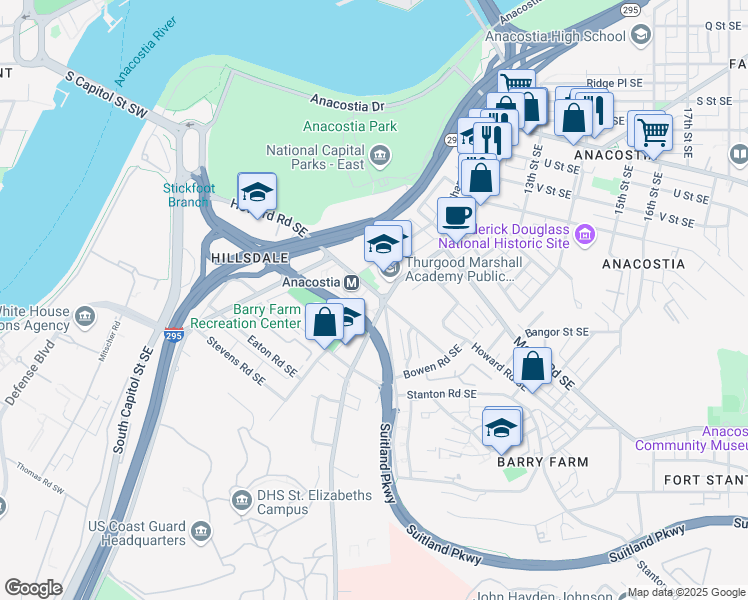 map of restaurants, bars, coffee shops, grocery stores, and more near 2501 Martin Luther King Junior Avenue Southeast in Washington