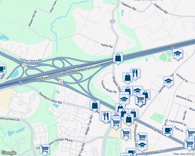 map of restaurants, bars, coffee shops, grocery stores, and more near 11326 Aristotle Drive in Fairfax