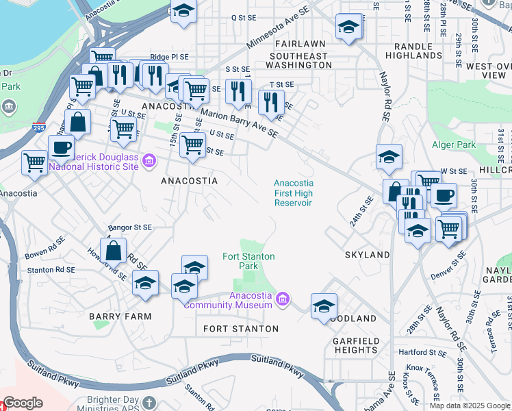 map of restaurants, bars, coffee shops, grocery stores, and more near 1829 West Street Southeast in Washington