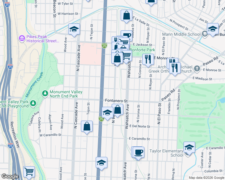 map of restaurants, bars, coffee shops, grocery stores, and more near 232 East Washington Street in Colorado Springs