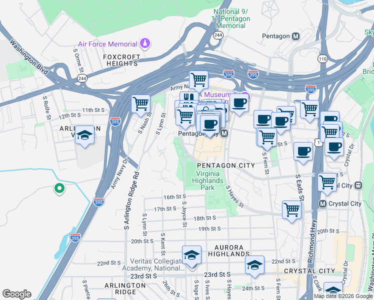 map of restaurants, bars, coffee shops, grocery stores, and more near 1225 Richmond Highway in Arlington