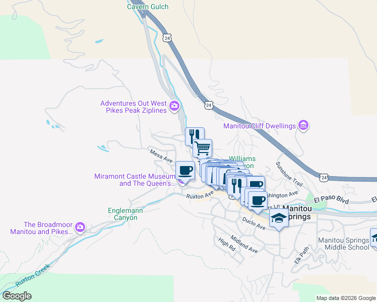 map of restaurants, bars, coffee shops, grocery stores, and more near 18 Waltham Avenue in Manitou Springs
