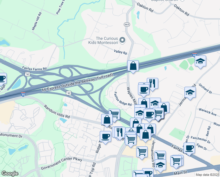 map of restaurants, bars, coffee shops, grocery stores, and more near 11320 Aristotle Drive in Fairfax