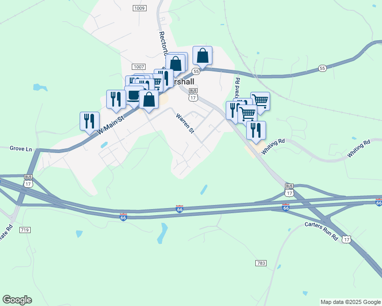 map of restaurants, bars, coffee shops, grocery stores, and more near 8580 Pellam Court in Marshall