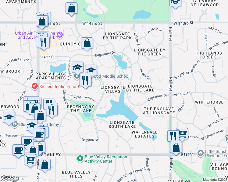 map of restaurants, bars, coffee shops, grocery stores, and more near 6109 West 147th Street in Overland Park